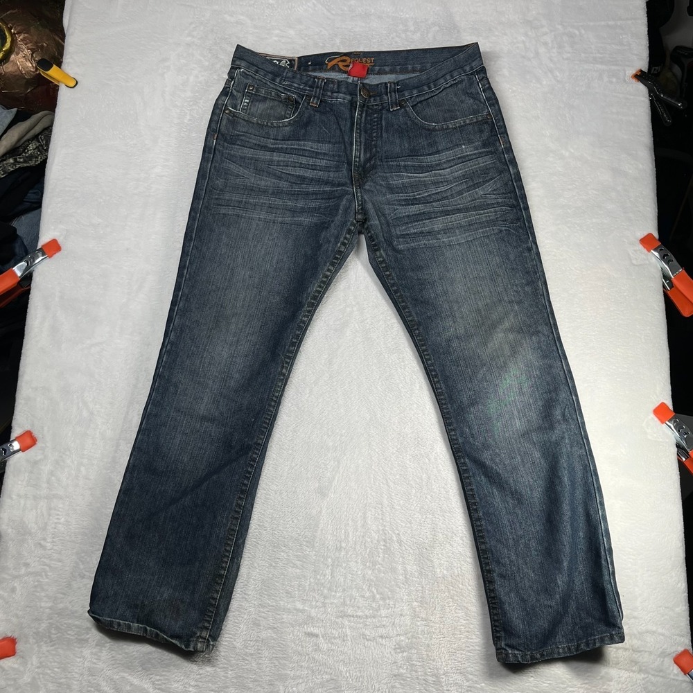 Request Jeans Mens Blue Denim Straight Leg Pockets Classic Zip Fly 35X30 - Flaws